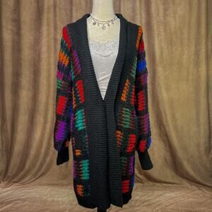 Vintage Cardigan Sweater 90s Rainbow Chunky Knit Patchwork Squares Oversized